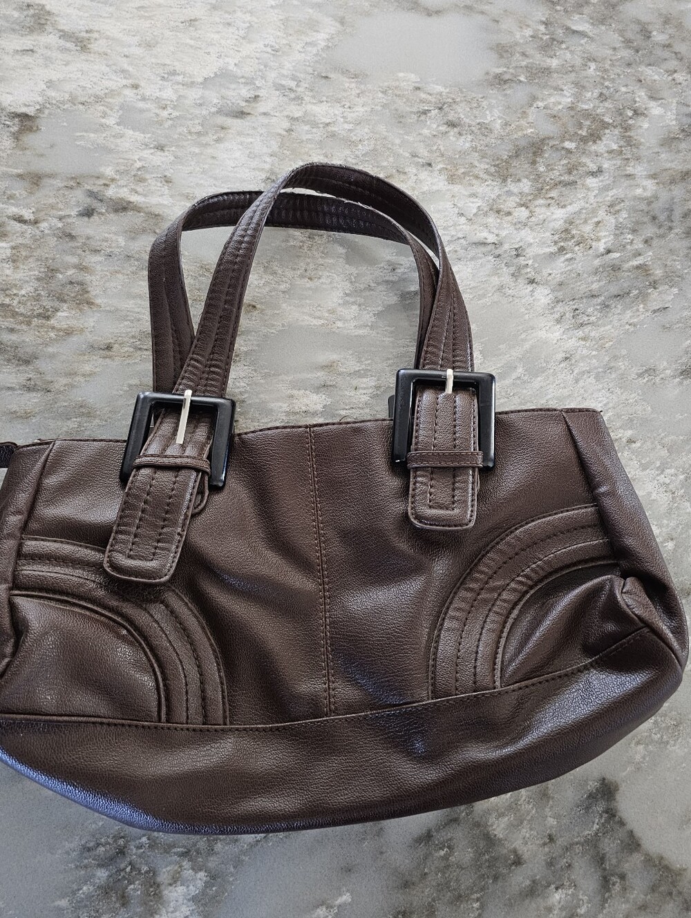 Vintage Y2K Brown Faux Leather Shoulder Bag Big Buckle Satchel Purse Handbag